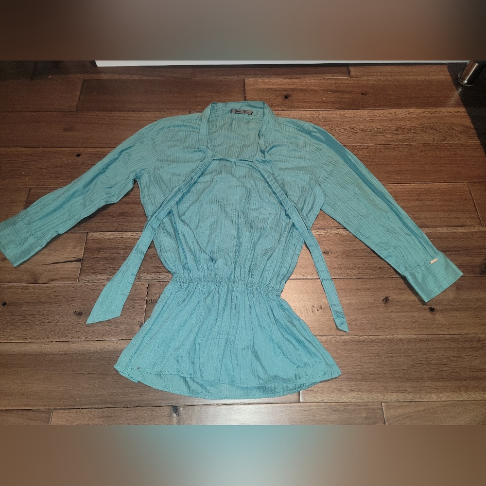 P.S. Fashion European Blouse – Teal, Peplum Style, Tie Neck